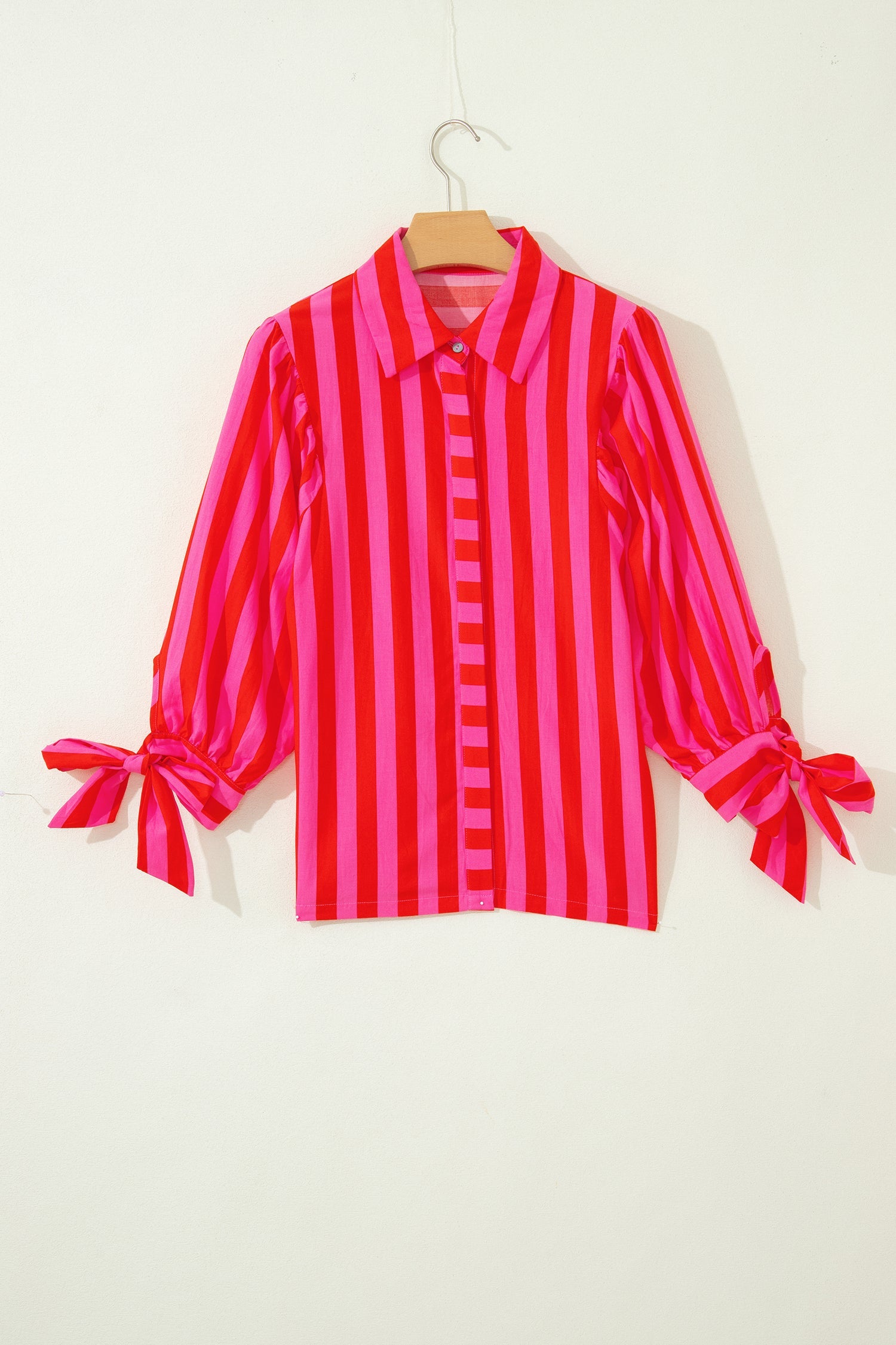 Red Stripe Tie Puff Sleeve Womens Button Down Shirt