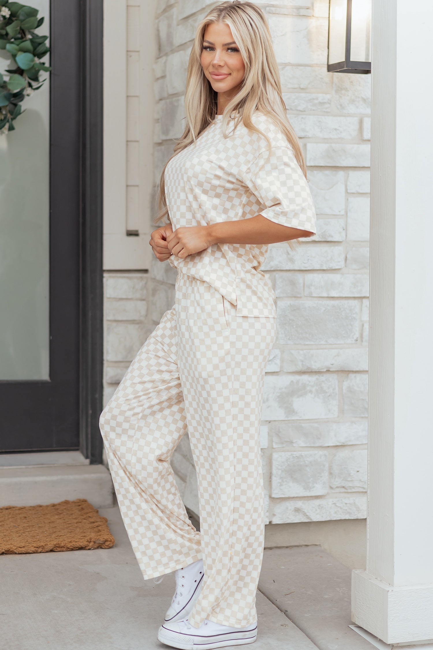 Khaki Checkered Print Half Sleeve Tee 2pcs Lounge Pant Set