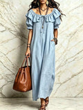 Ruffle Trim Puff Sleeve Maxi Dress