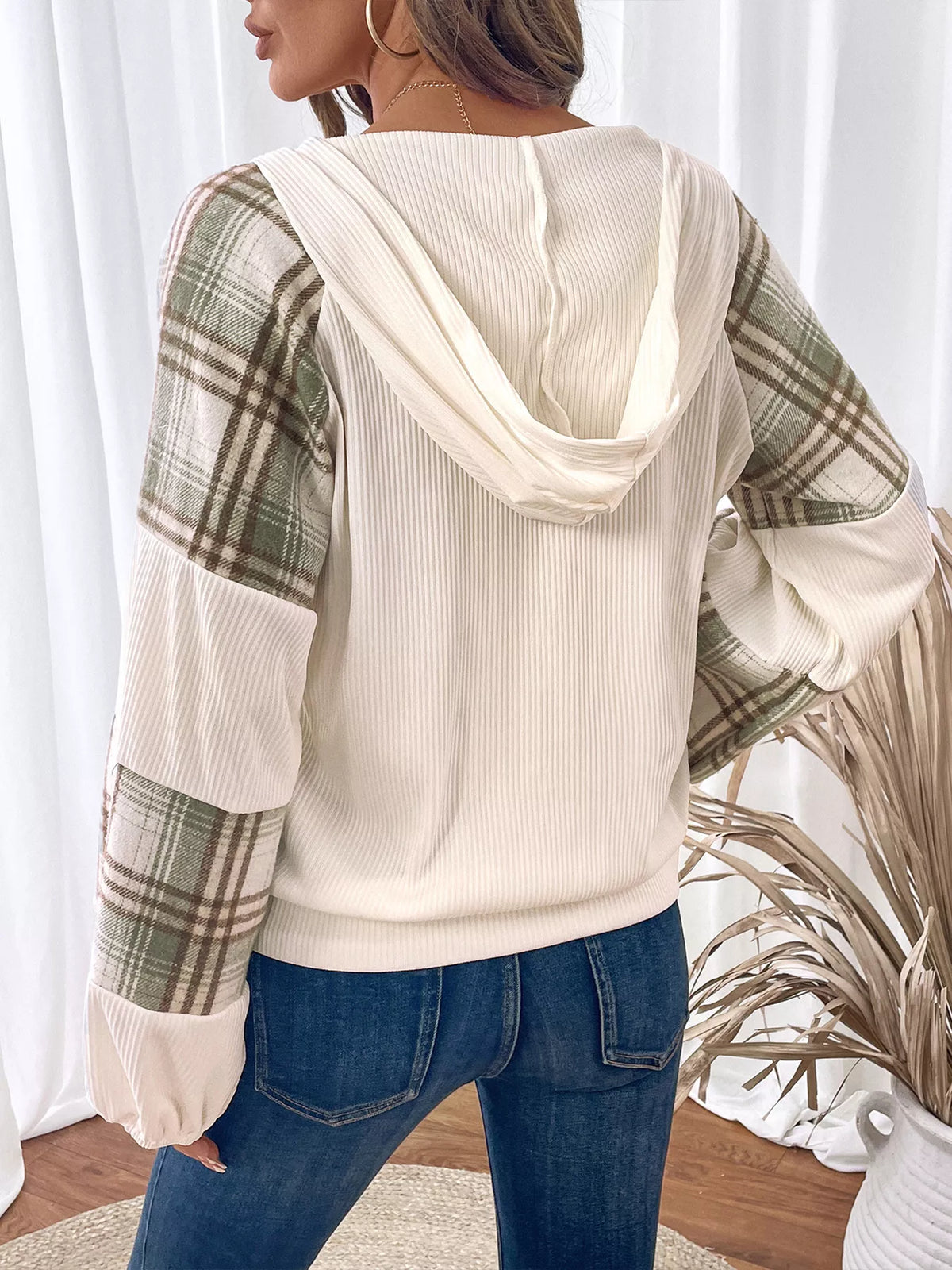 Plaid V-Neck Button-Front Sweatshirt