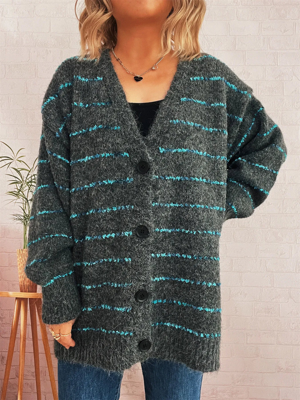 Striped Button-Up Cardigan with V-Neck Design
