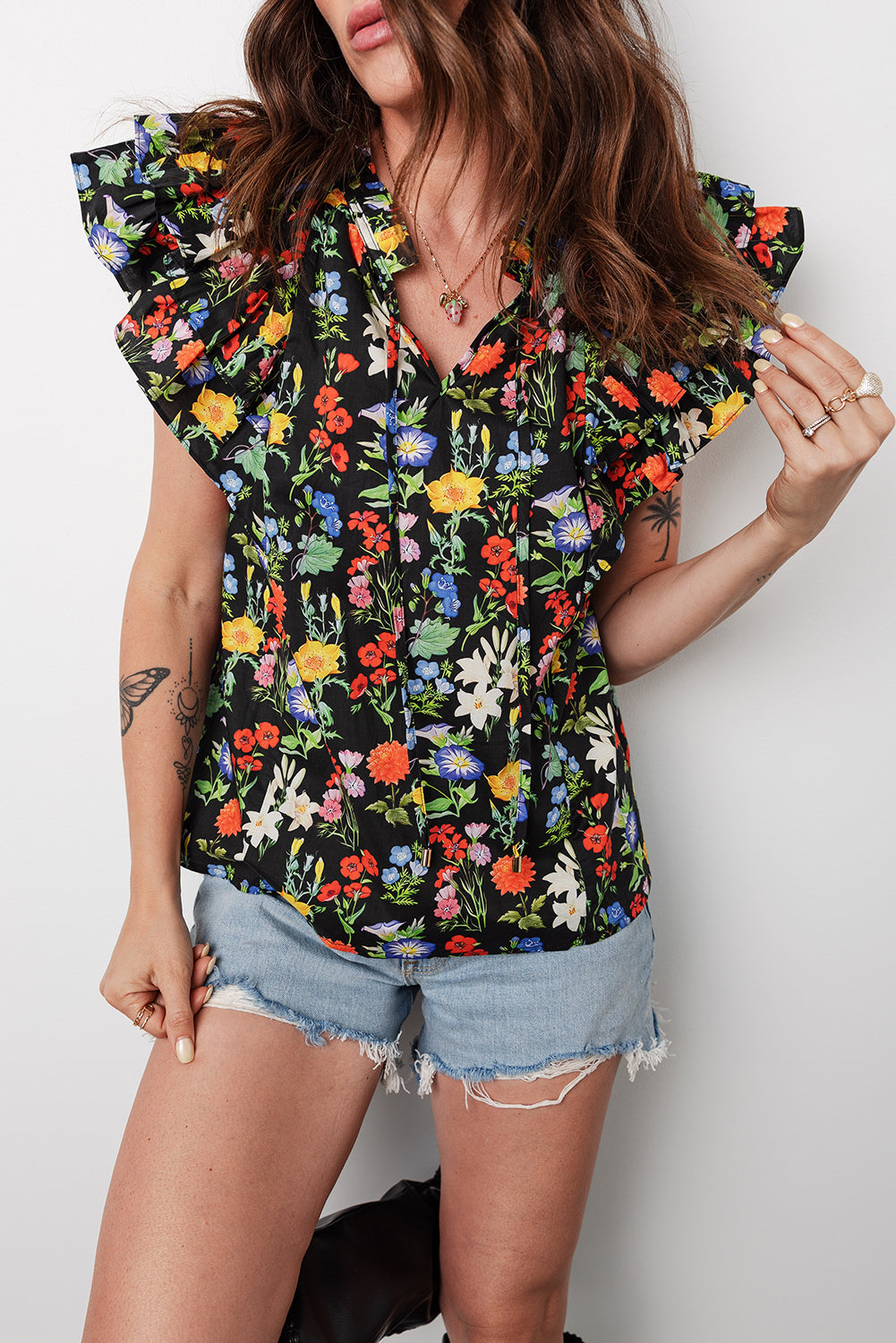 Flower Tiered Flutter Sleeve V-Neck Blouse