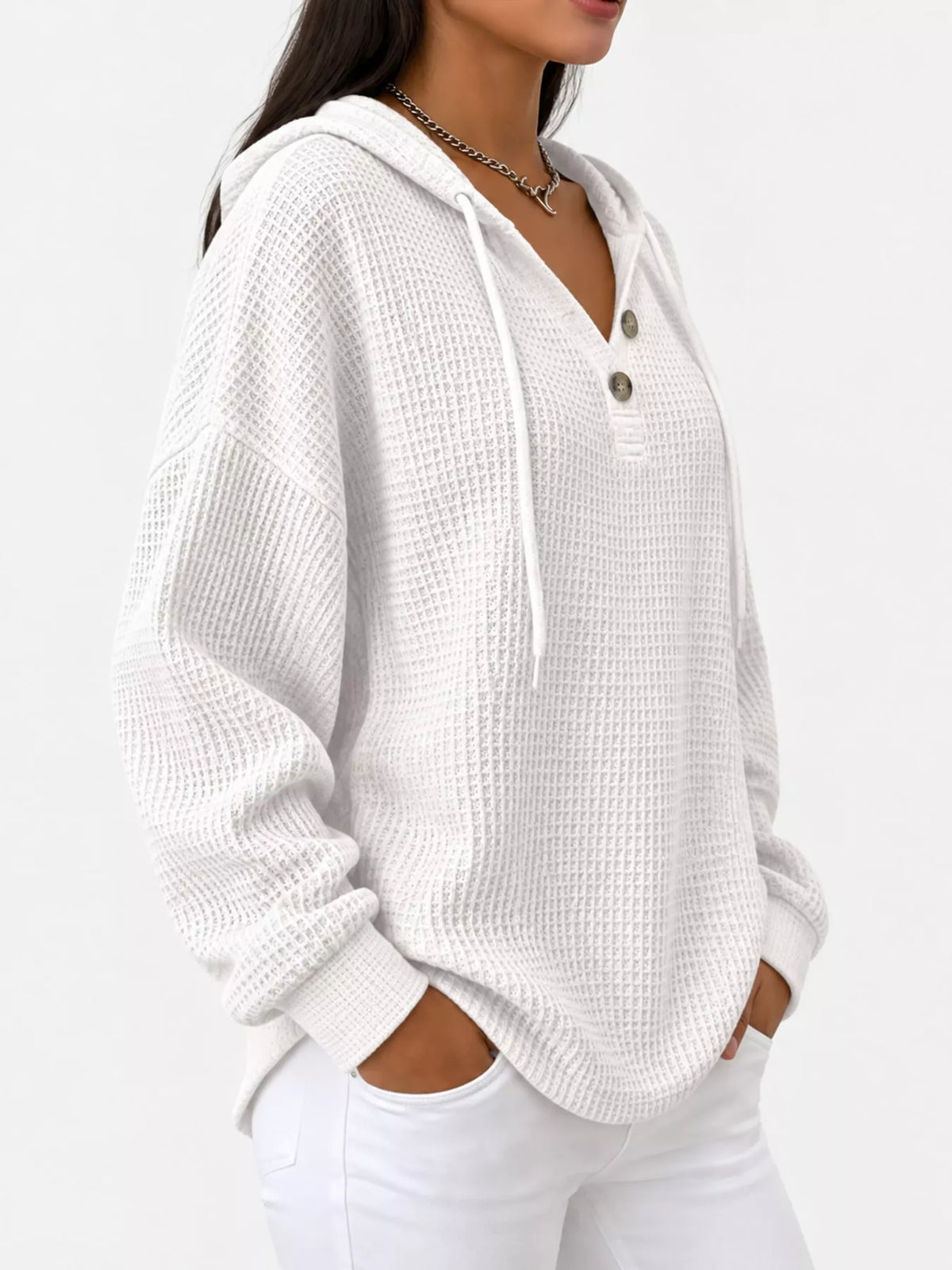 Full Size Waffle Knit Button Detail Hoodie Plus Size