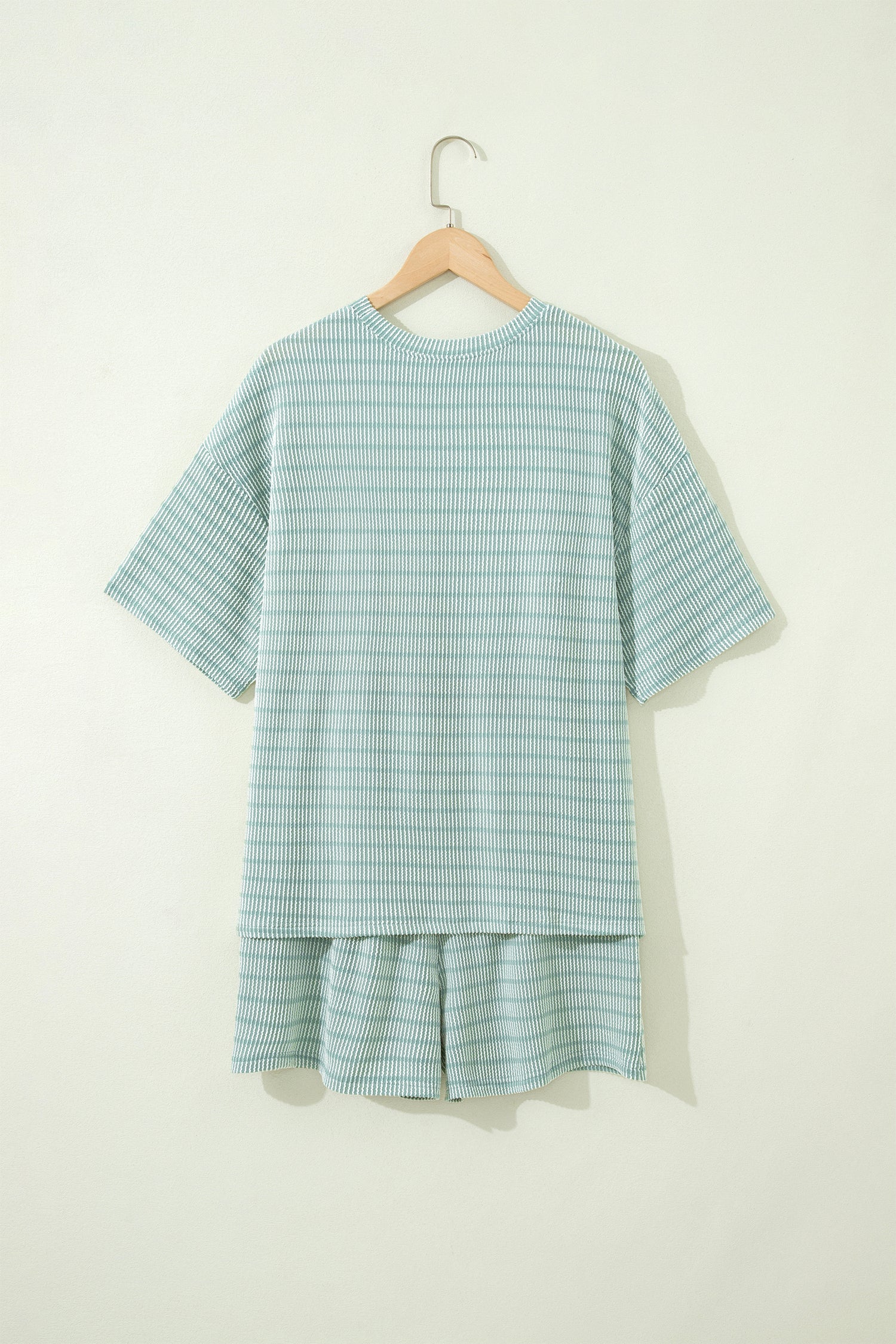 Green Stripe Raised Rib Loose Tee Drawstring Elastic Waist 2pcs Short Set