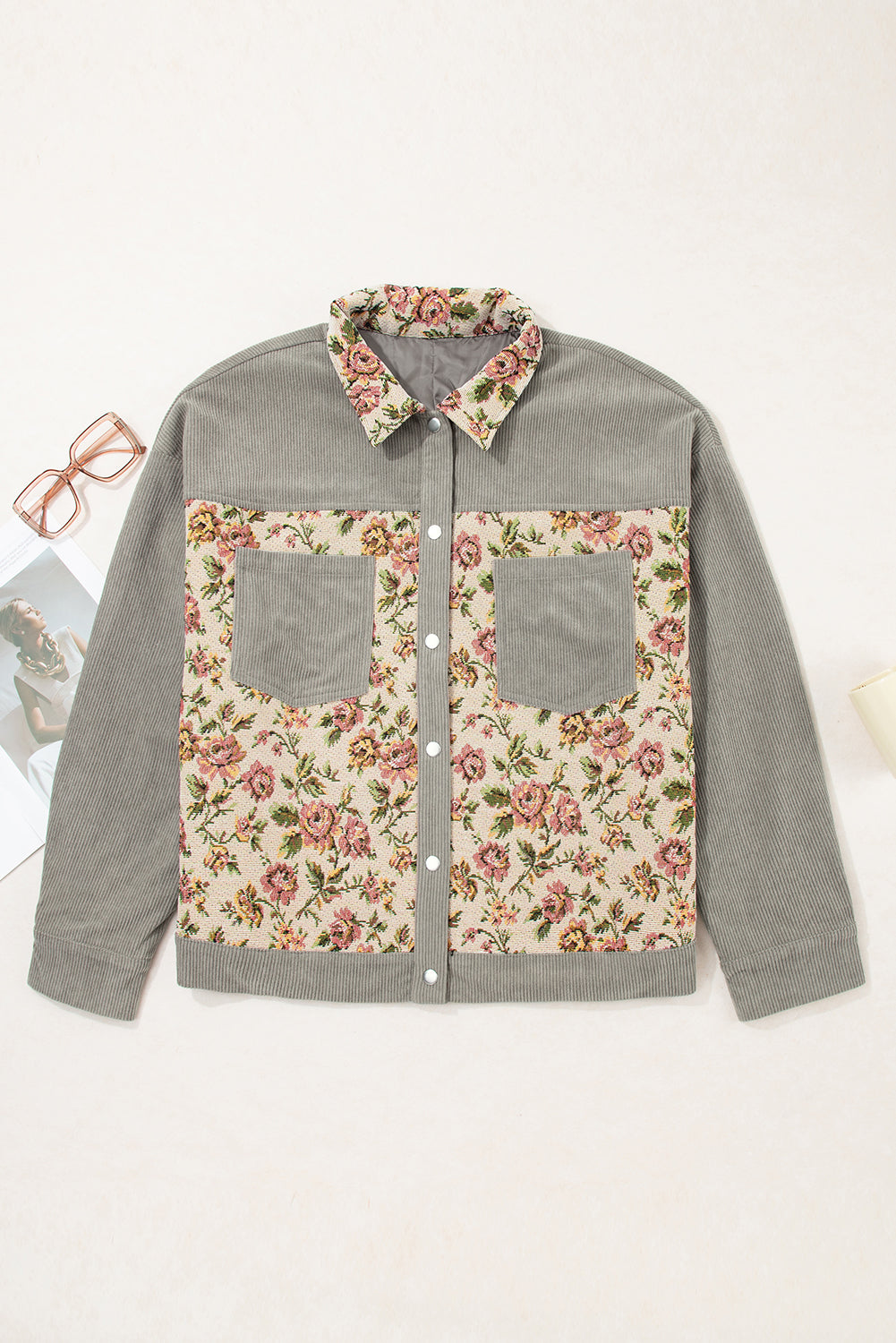 Plus Size Floral Patchwork Corduroy Pocketed Jacket