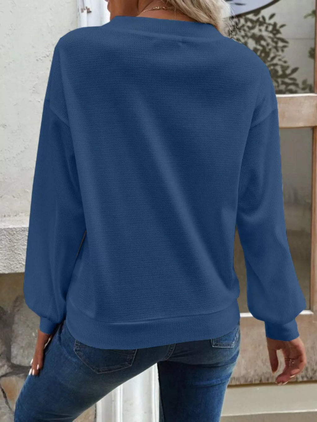 Casual V-Neck Waffle Long Sleeve Top