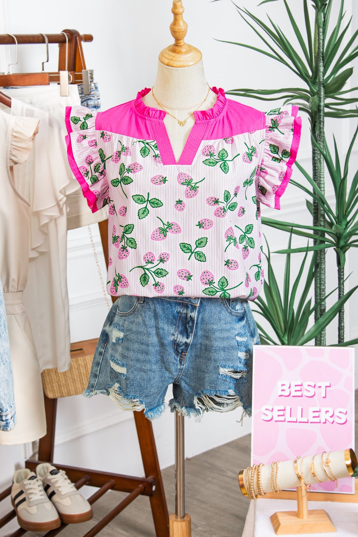 Stripe Strawberry Patchwork Flutter Sleeve V-Neck Blouse