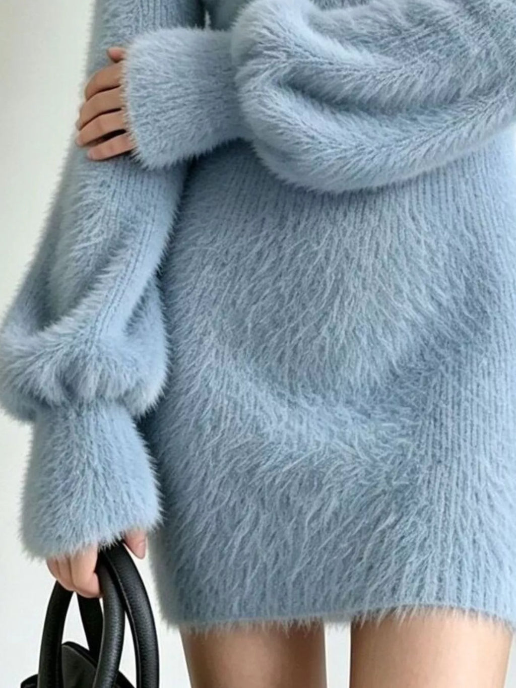 V-Neck Fuzzy Knit Sweater Dress