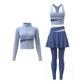 Womens Color-Block Stand-Neck Zipper Yoga Three-Piece Set
