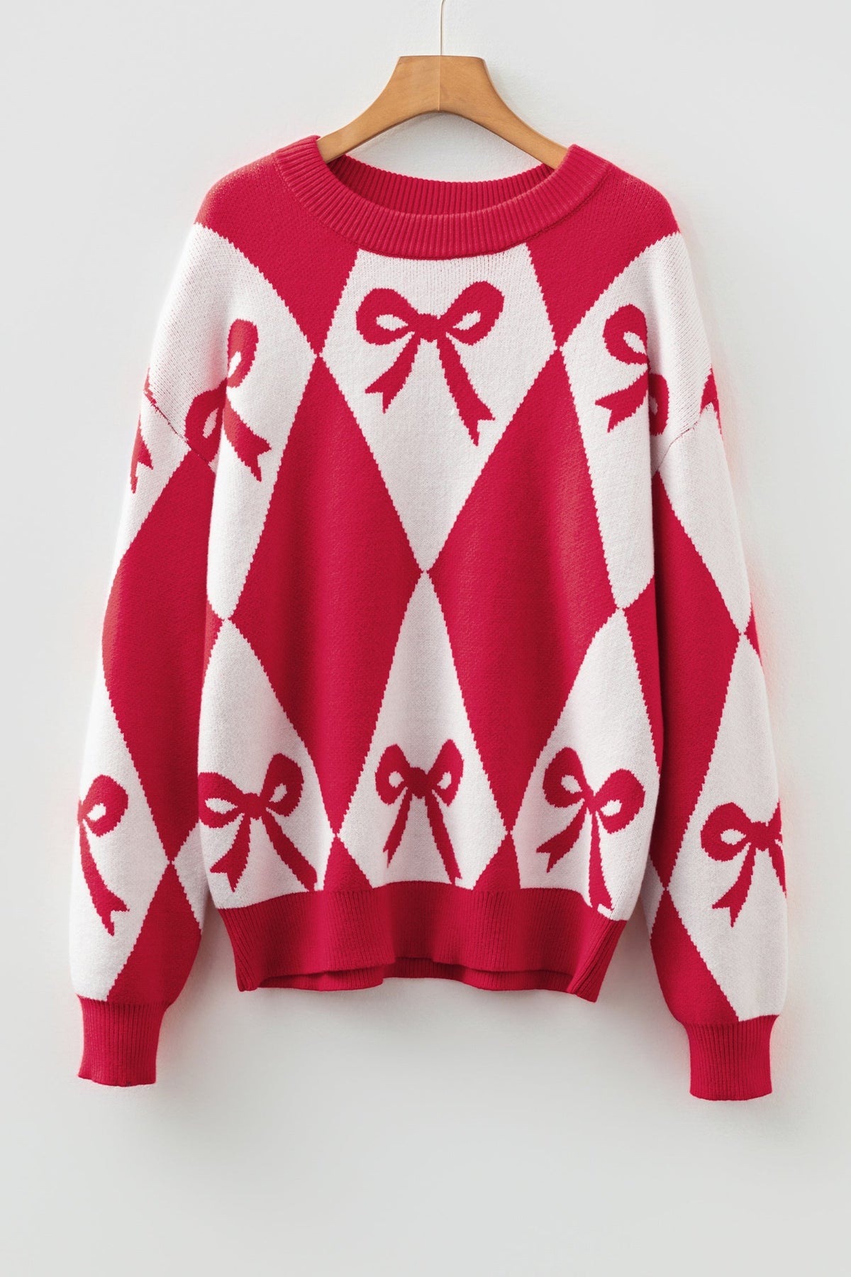 Bow Colorblock Rhombus Drop Shoulder Sweater