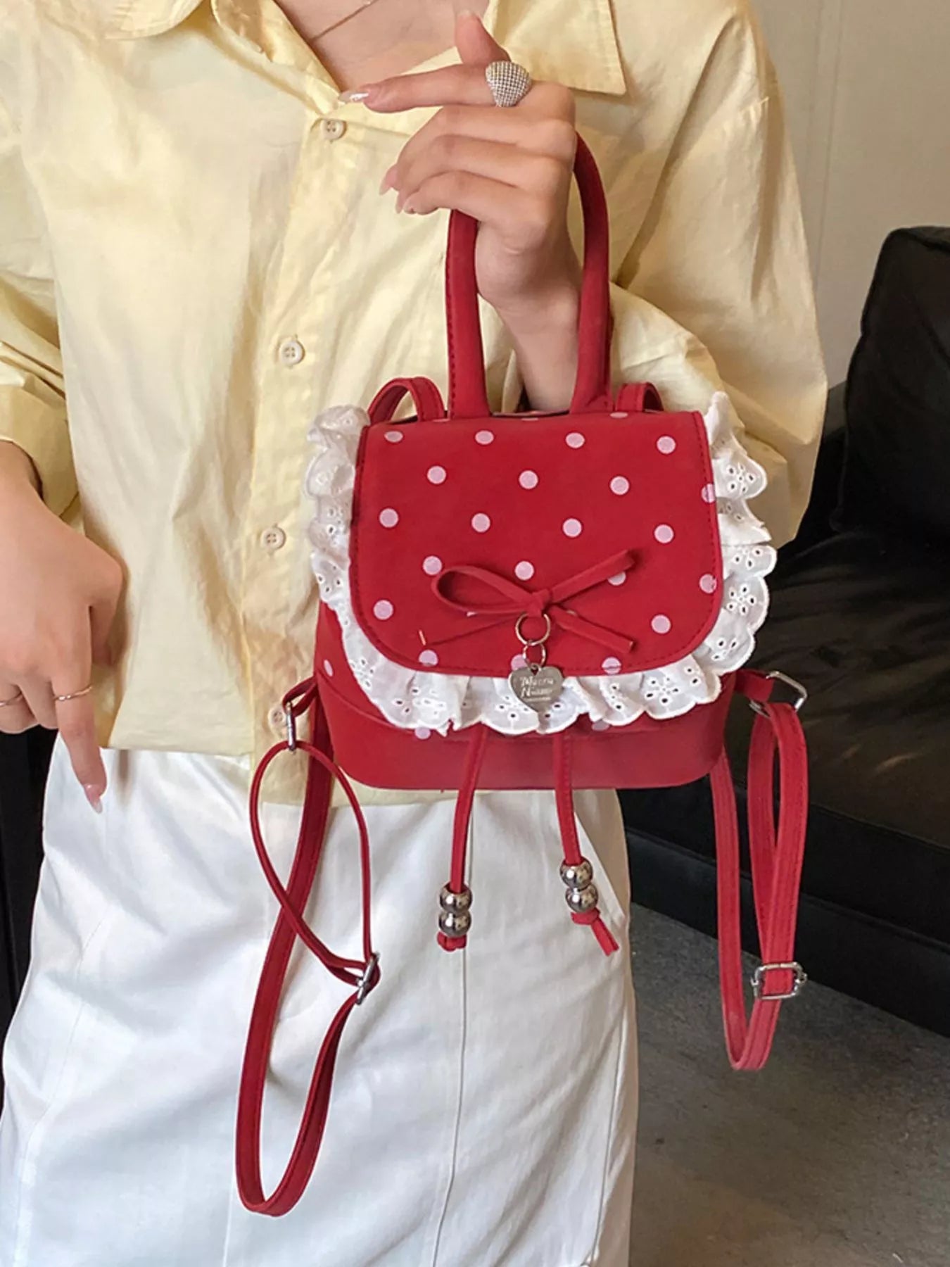 Polka Dot Lace Trim Backpack Bag