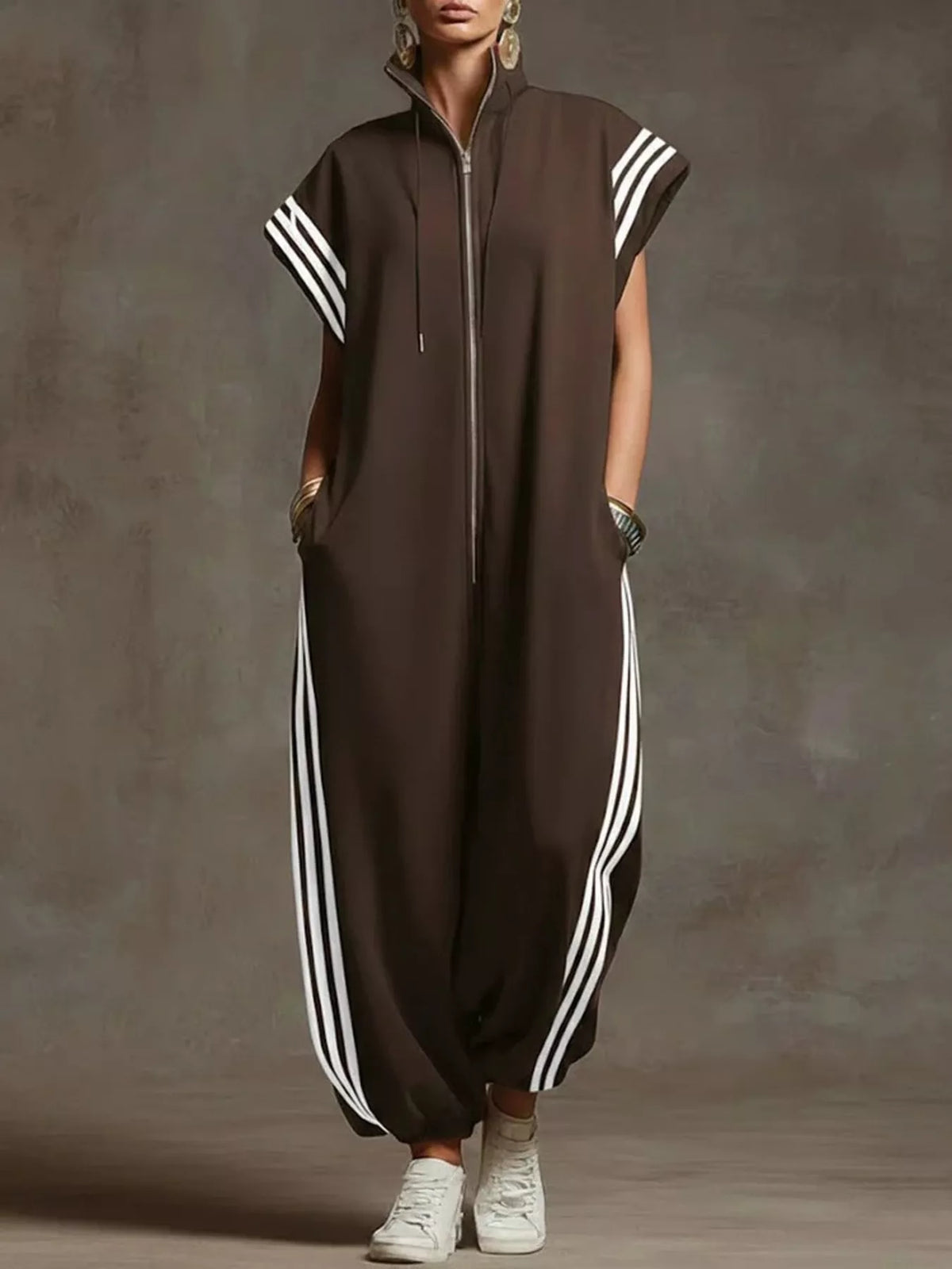 Full Size Side Stripe Zip-Front Wide Leg Jumpsuit Plus Size