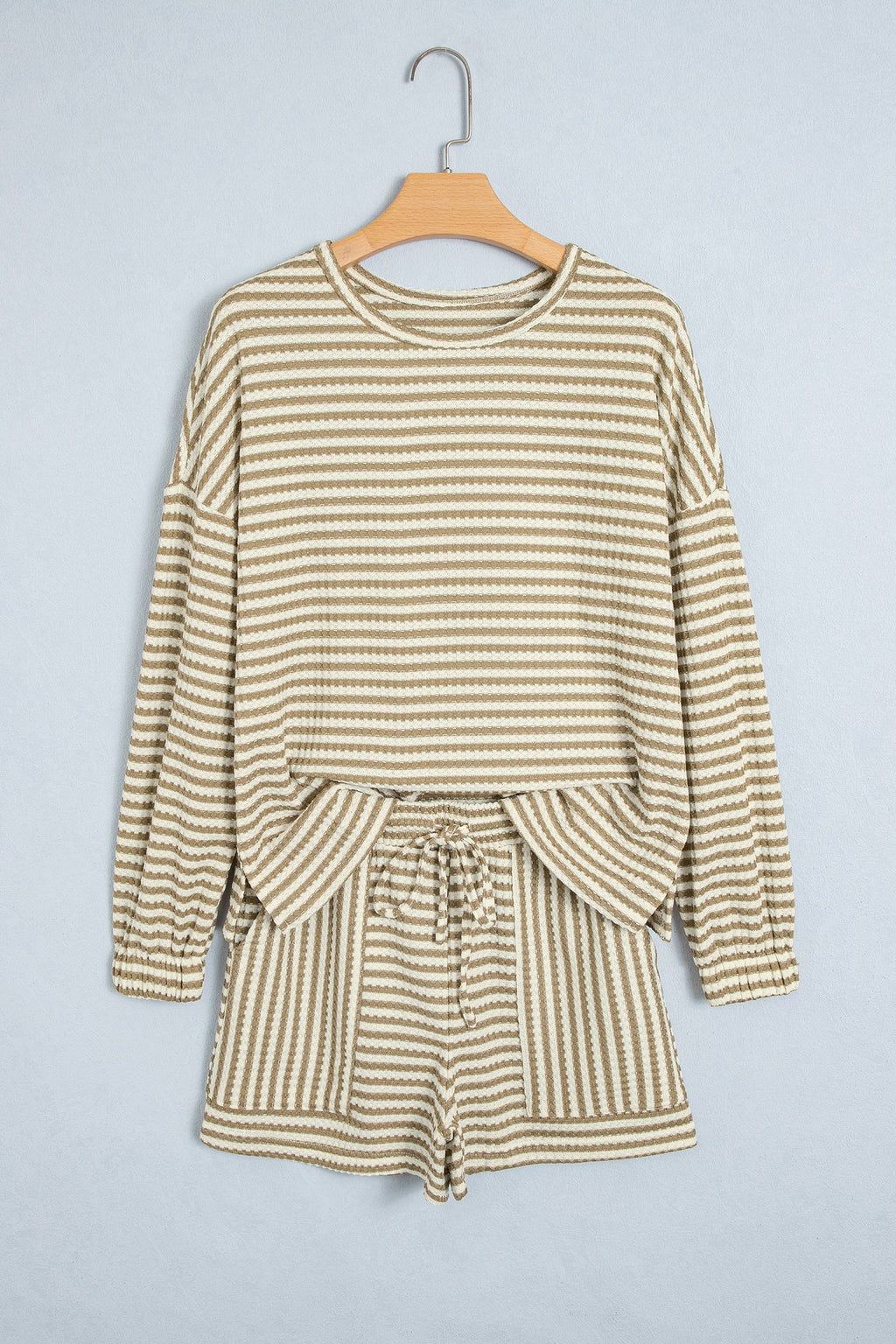 Brown Stripe Textured Knit Long Sleeve Top Elastic Waist Shorts Casual Outfit