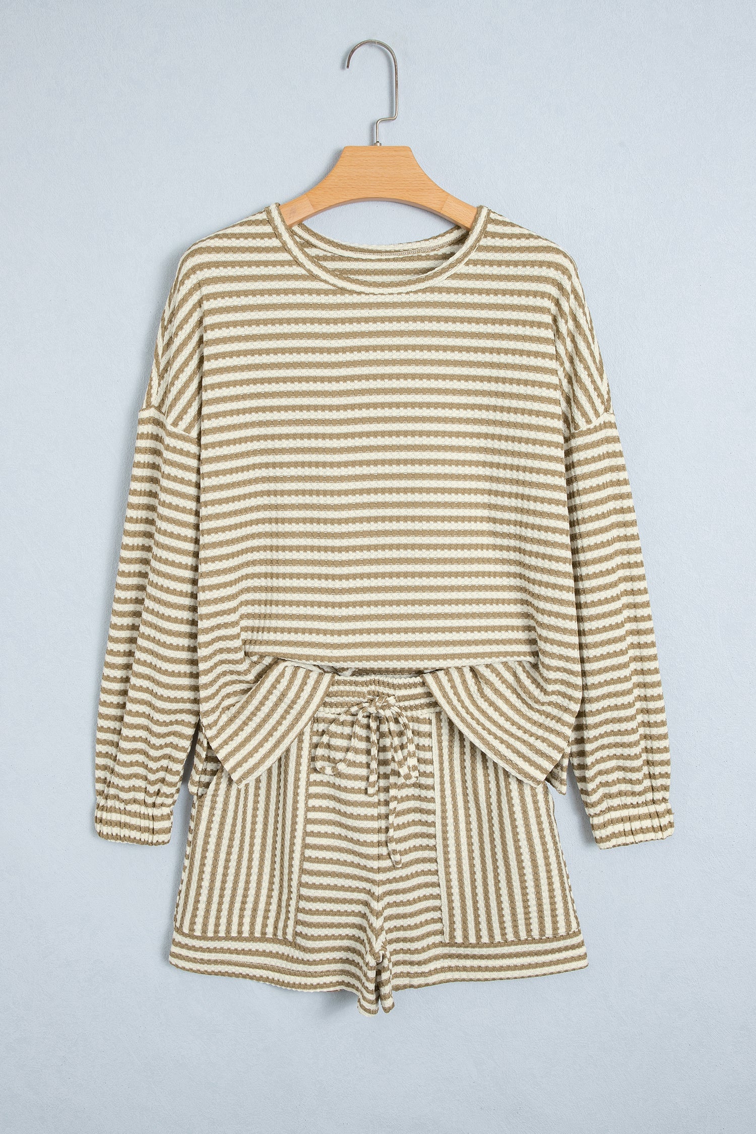 Brown Stripe Textured Knit Long Sleeve Top Elastic Waist Shorts Casual Outfit