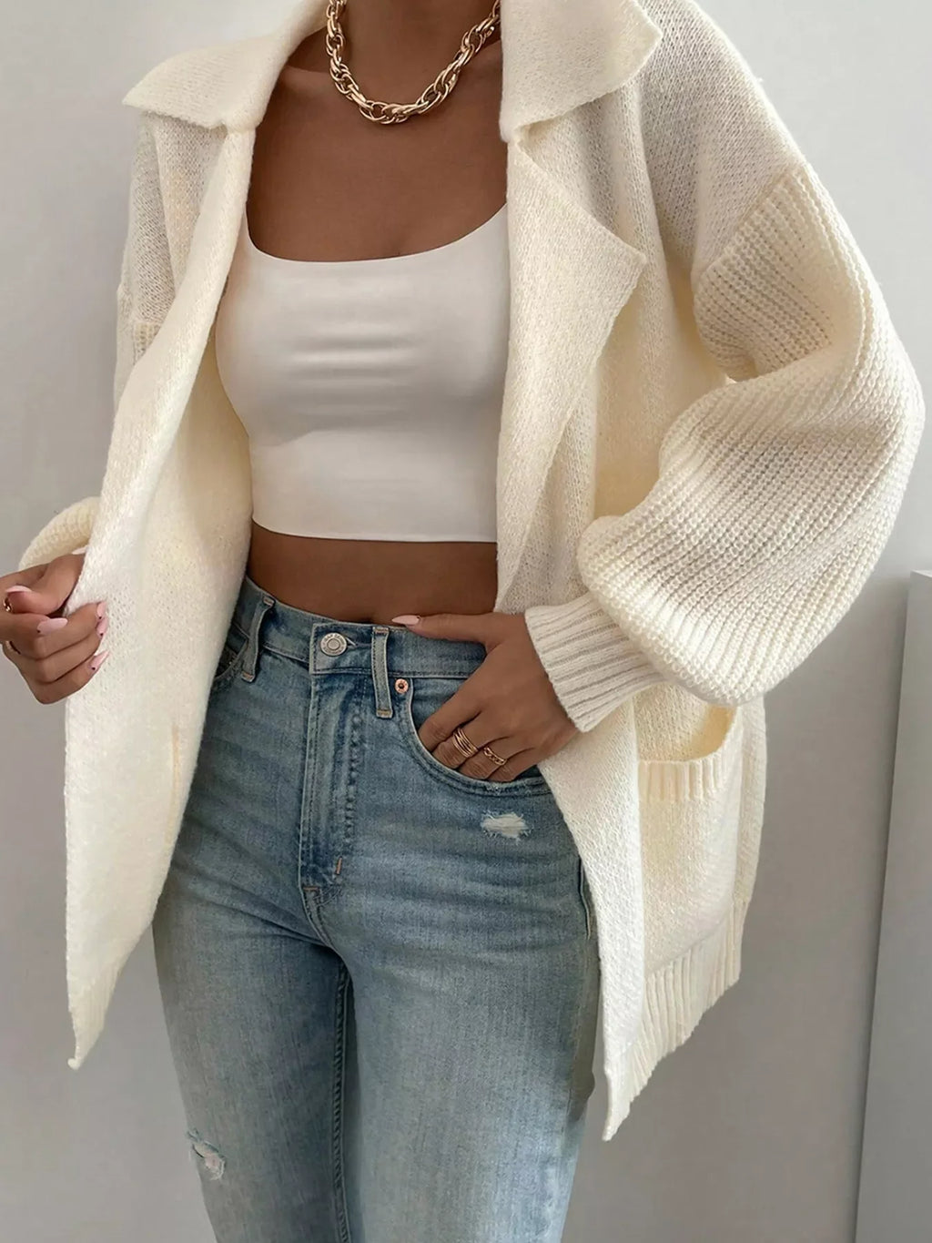 Solid Color Knit Lapel Collar Single Button Sweater Cardigan