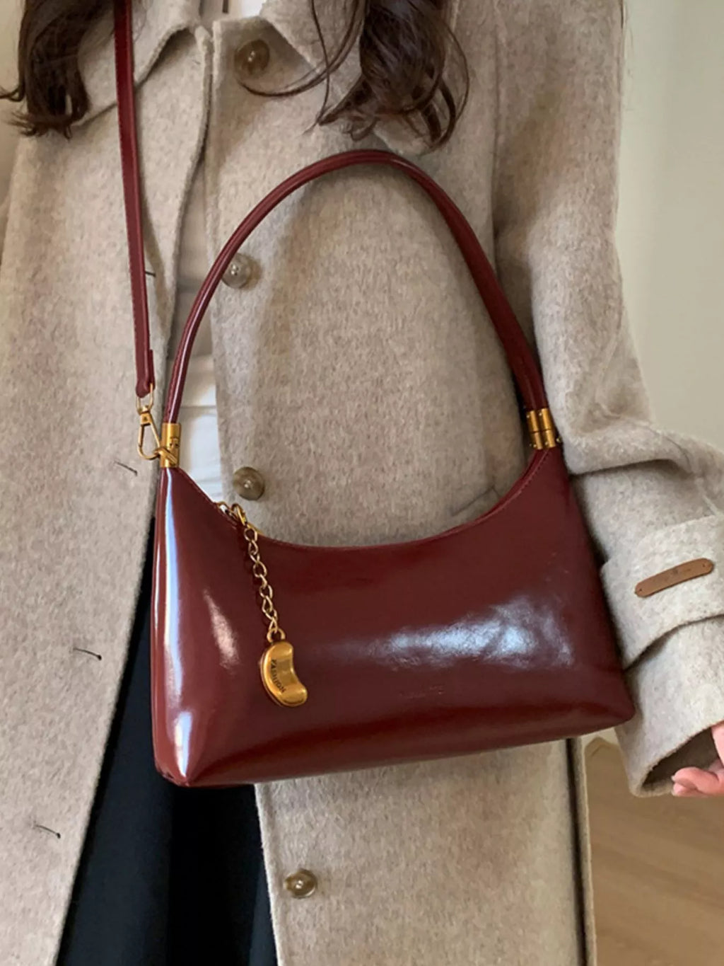 Chain Charm Leather Shoulder Bag