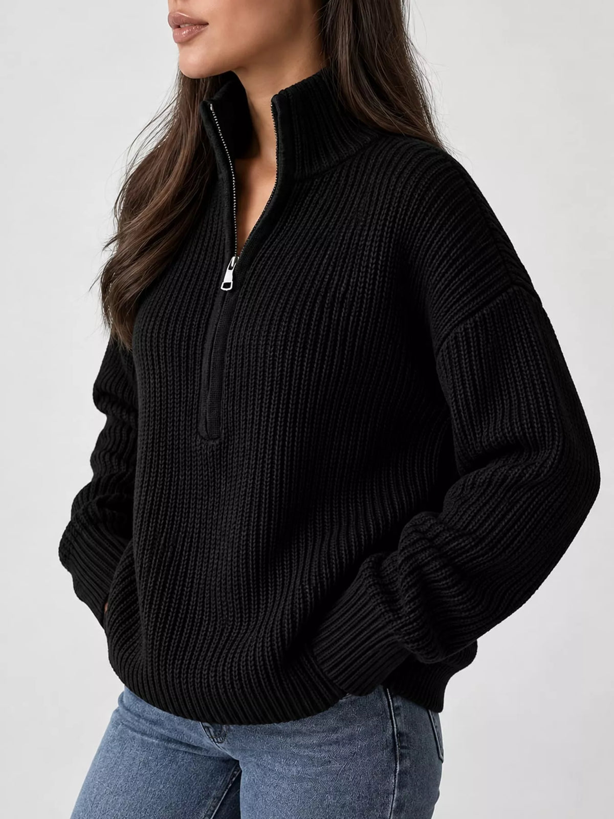 Full Size Half Zip Dropped Shoulder Sweater Plus Size