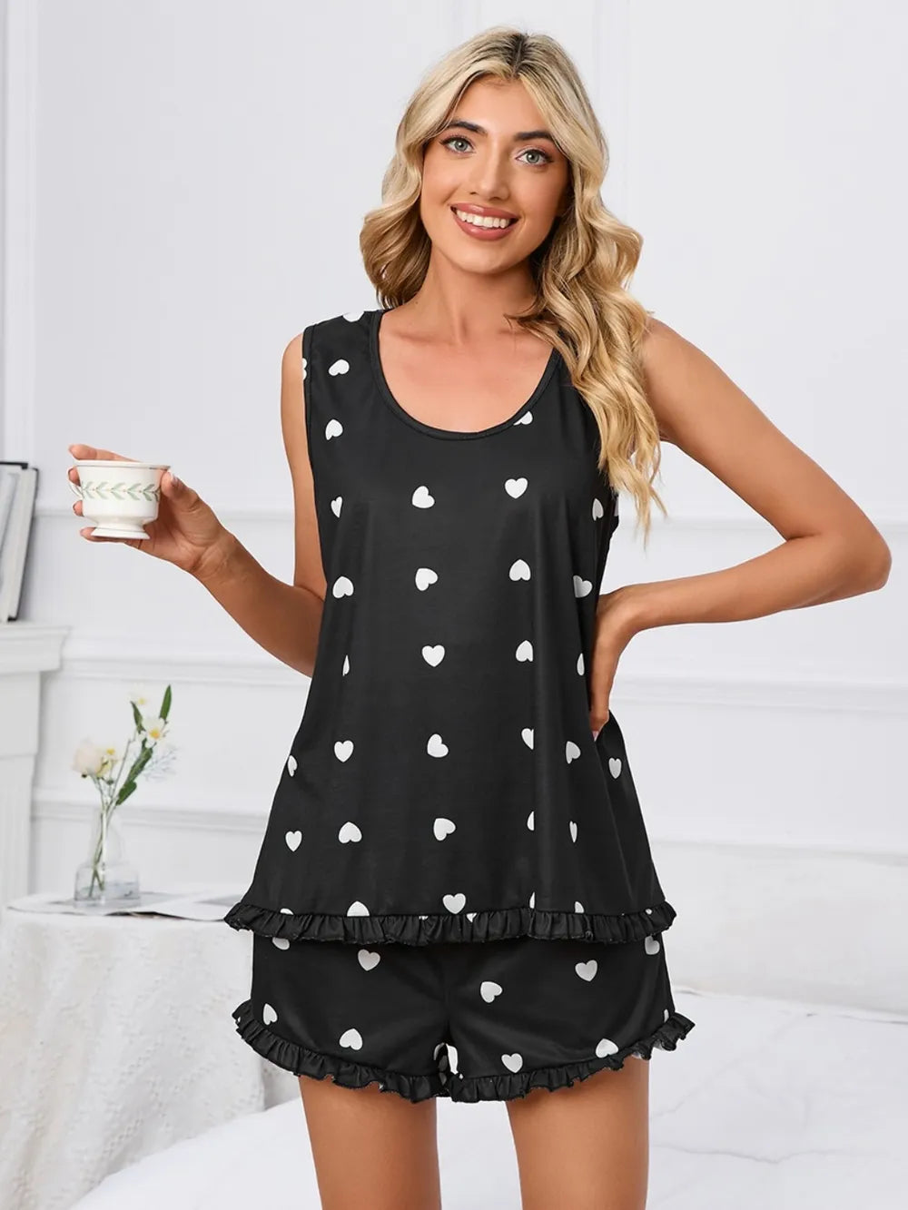 Heart Print Scoop Neck Tank and Shorts Lounge Set