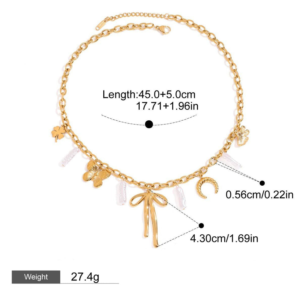 18K gold bow with pearl design exquisite and noble necklace