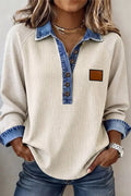 Ribbed Knit Denim Contrast Trim Top