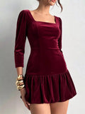 Christmas Velvet Square Neck Mini Dress with Ruffled Hem