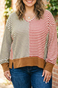 Brown Stripe Striped Colorblock V Neck Oversized Long Sleeve Plus Size Blouse
