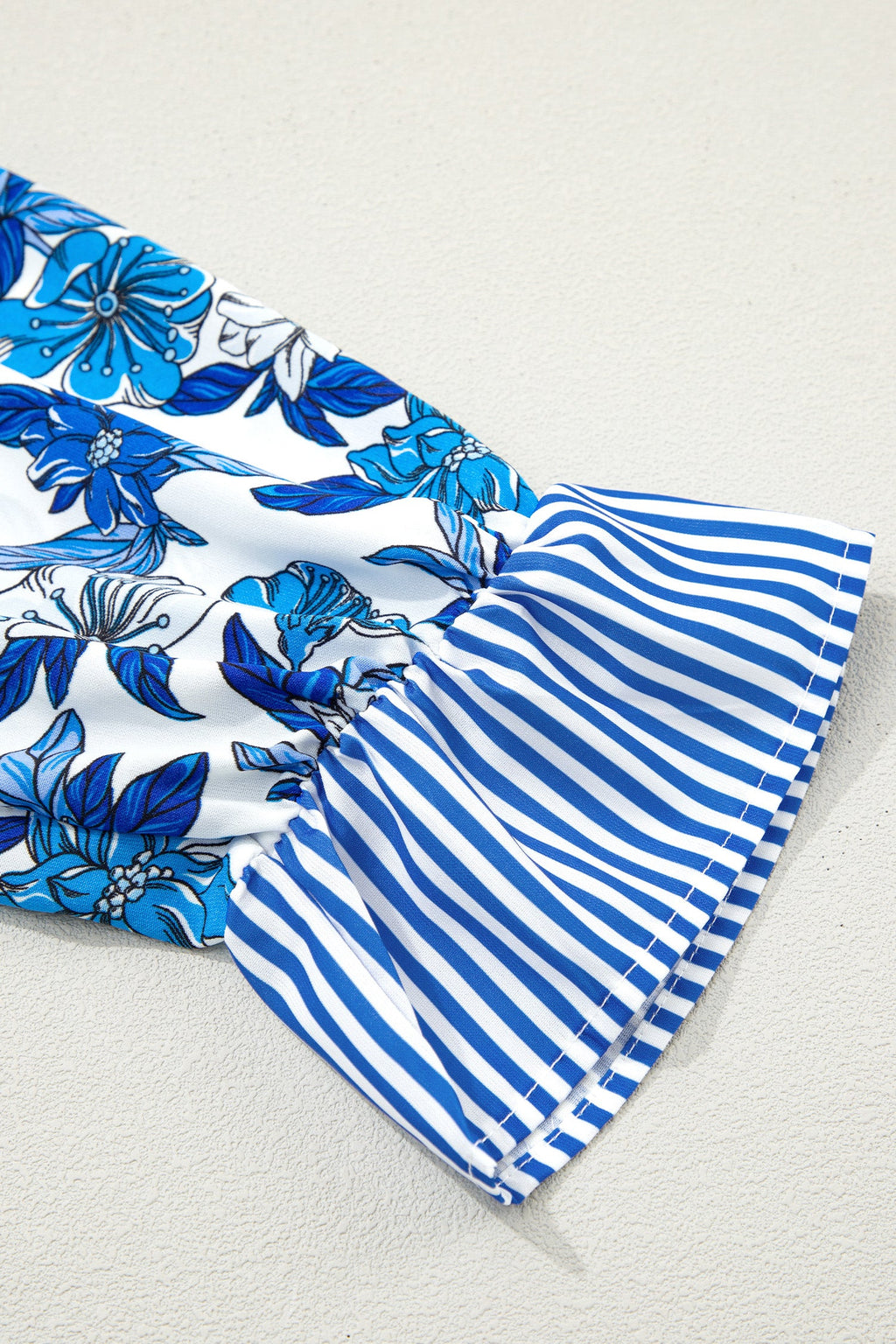 Sky Blue Floral Print Striped Patchwork Long Flounce Sleeve Ricrac Trim V Neck Blouse