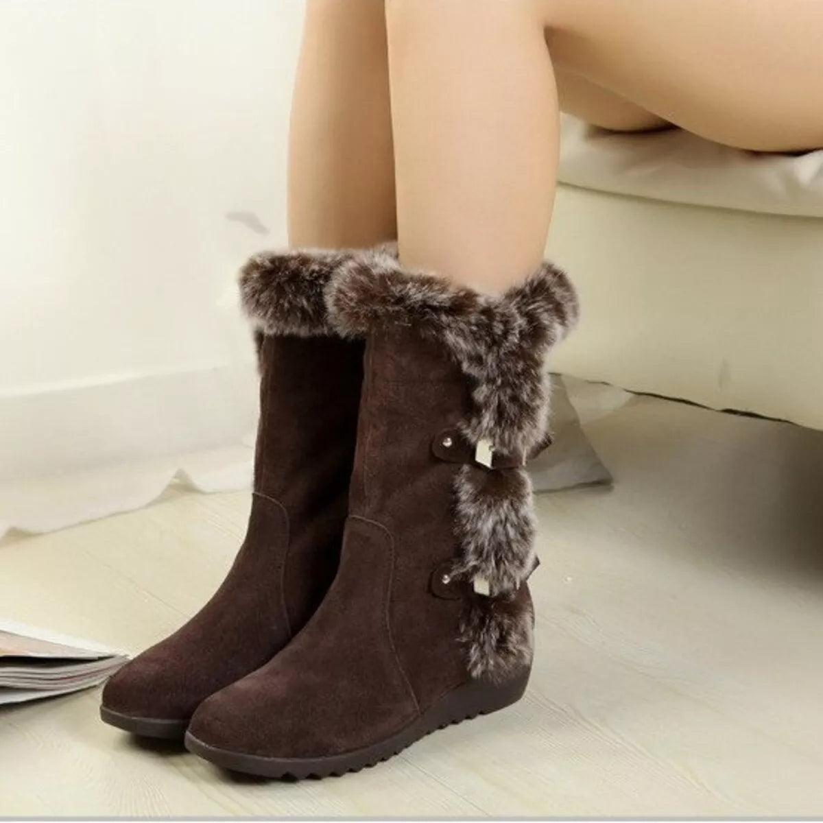 Fur Trim Round Toe Boots