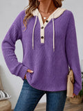 Full Size Drawstring Button Detail Hooded Sweater Plus Size