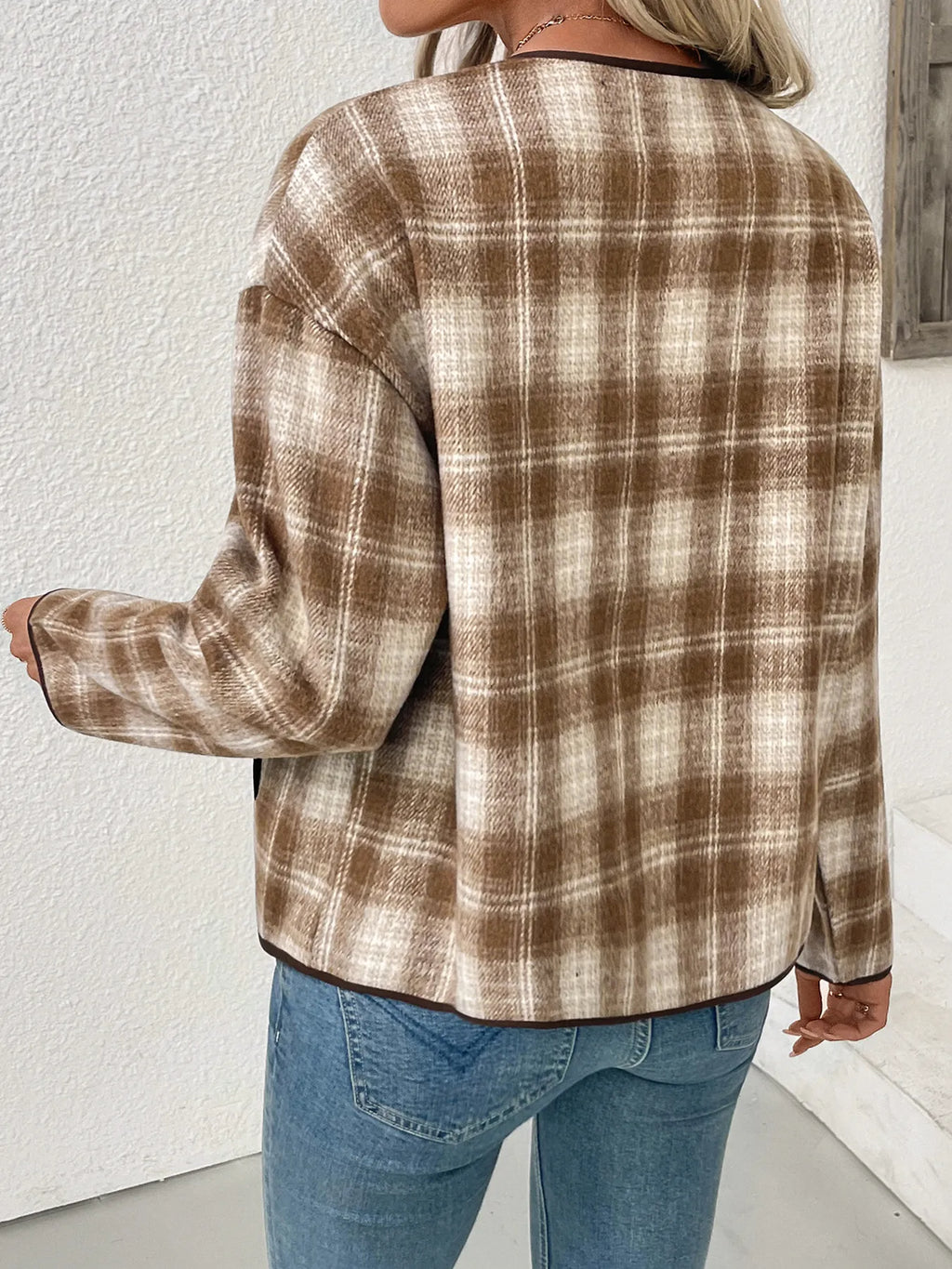 Unlined Plaid Button-Up Jacket with Chest Pockets