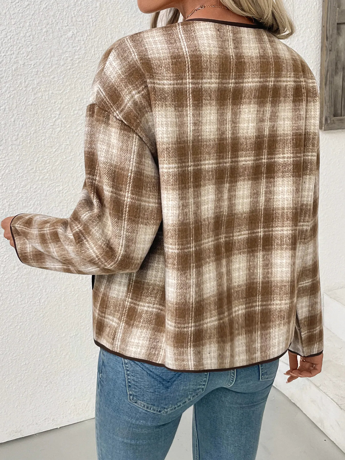 Unlined Plaid Button-Up Jacket with Chest Pockets