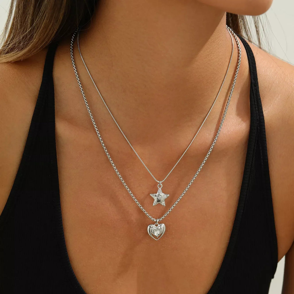 2-Piece Star and Heart Pendant Necklace