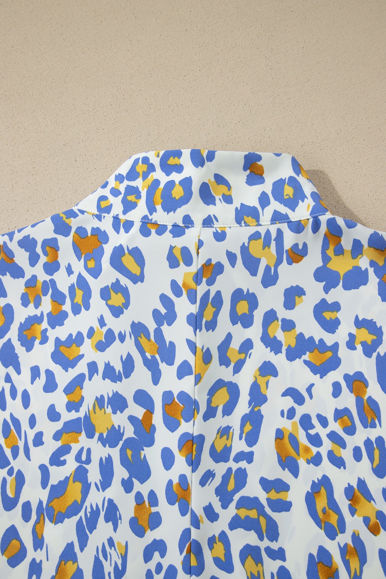 Sky Blue Leopard Color Block Contrast Striped V Neck Half Sleeve Loose Fit Blouse