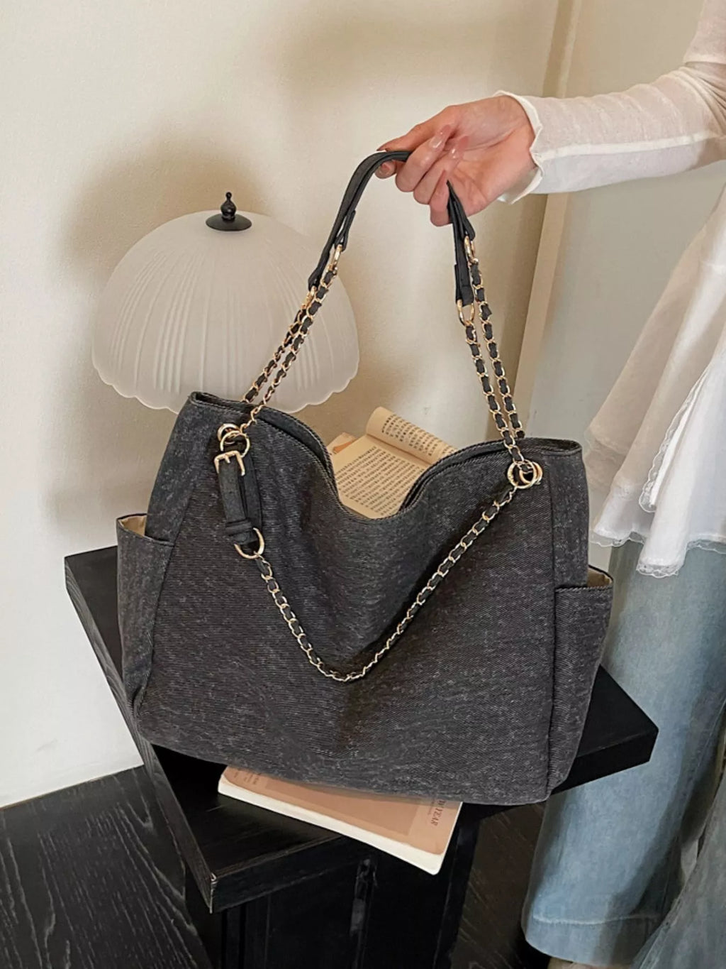 Denim Shoulder Bag with Chain Strap