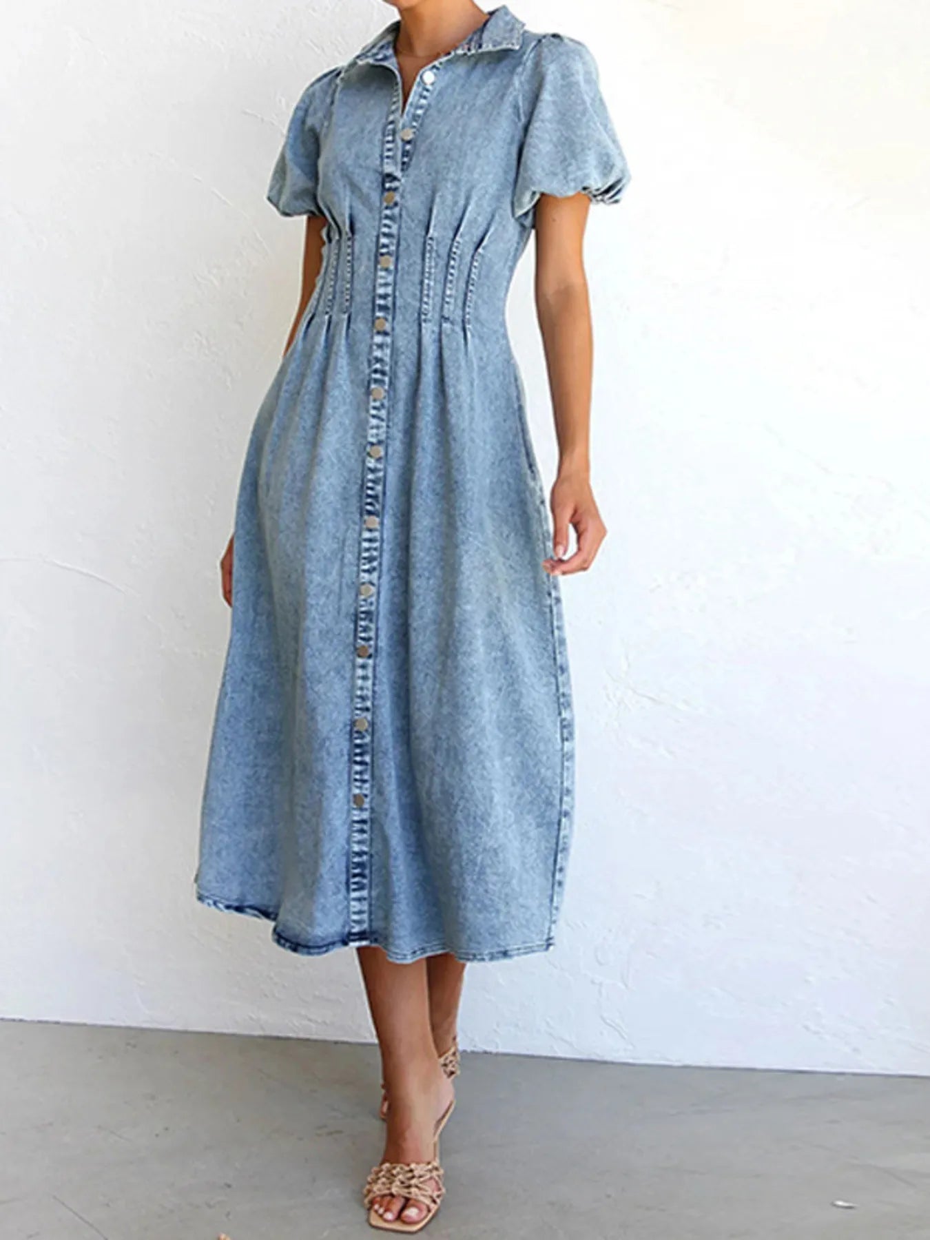 Puff Sleeve Button Front Denim Midi Dress