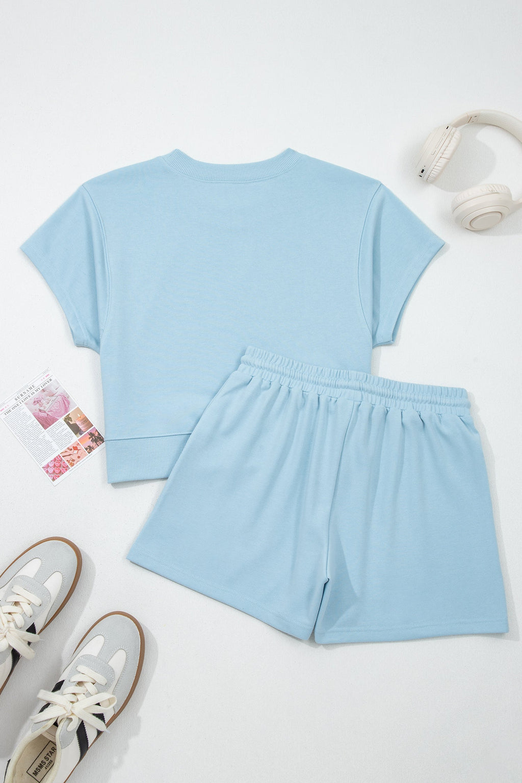Mist Blue Solid Color Loose Tee Drawstring Shorts 2pcs Outfit
