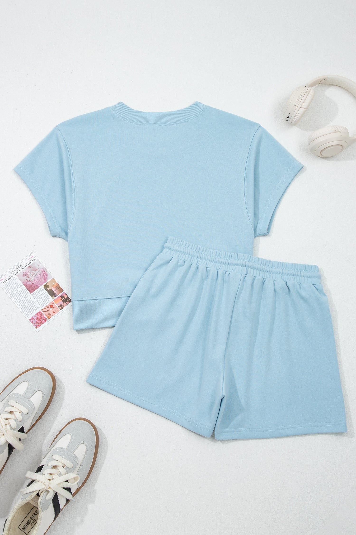 Mist Blue Solid Color Loose Tee Drawstring Shorts 2pcs Outfit