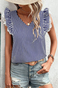 Blue Stripe V Neck Lace Contrast Ruffle Trim Tank Top