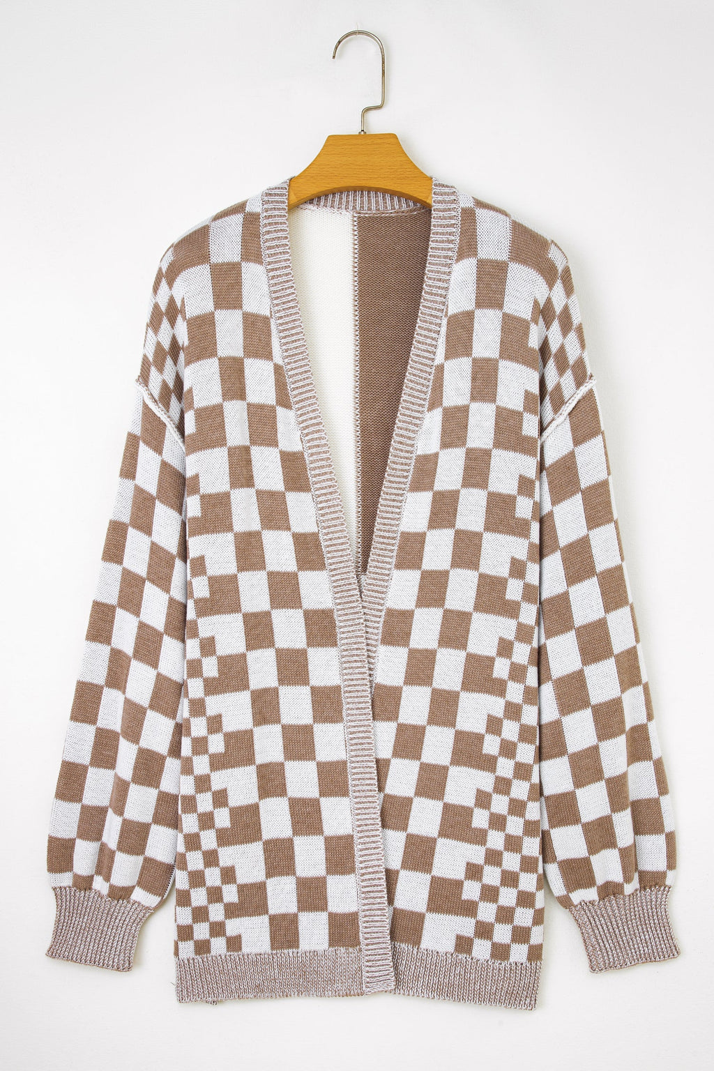 Plus Size Checker Drop Shoulder Open Front Cardigan