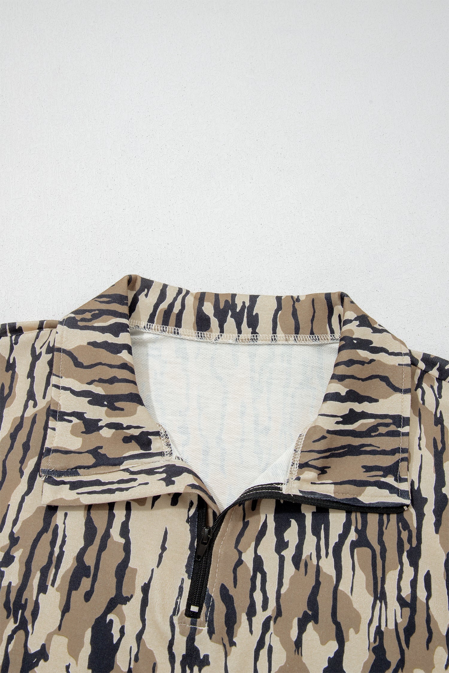 Brown Camouflage Zipper Collar Front Pocket Pullover Sweatshirt