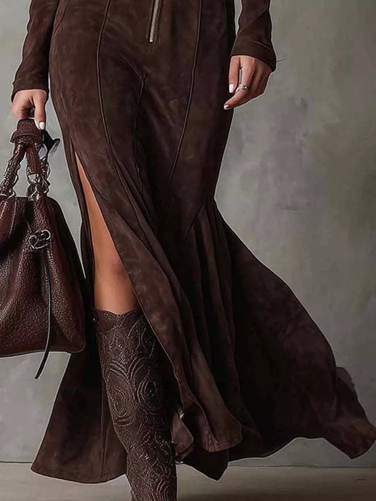 Full Size Slit Zip-Front Long Sleeve Maxi Dress with Belt Plus Size