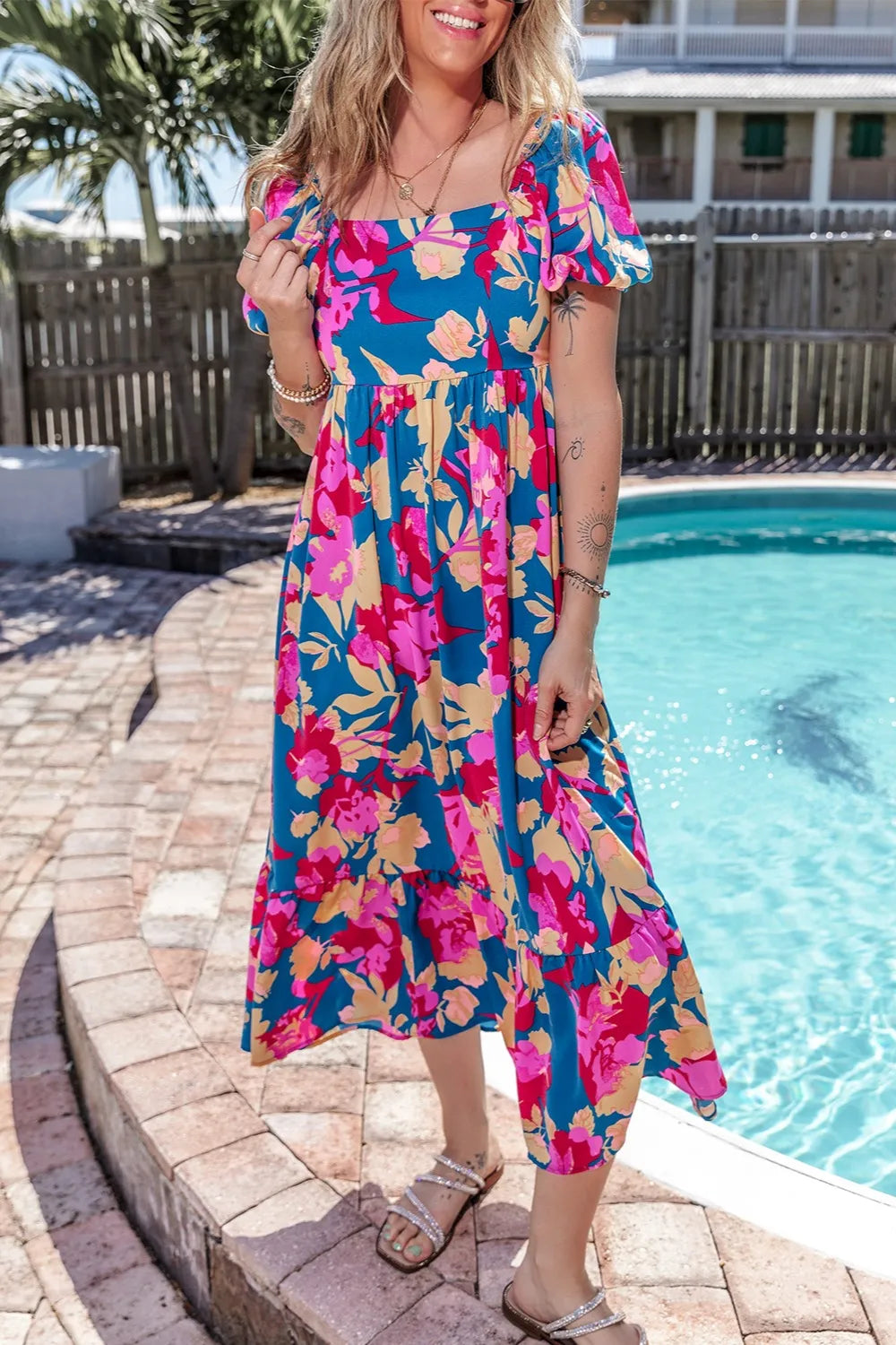Printed Square Neck Short Sleeve Midi Dress