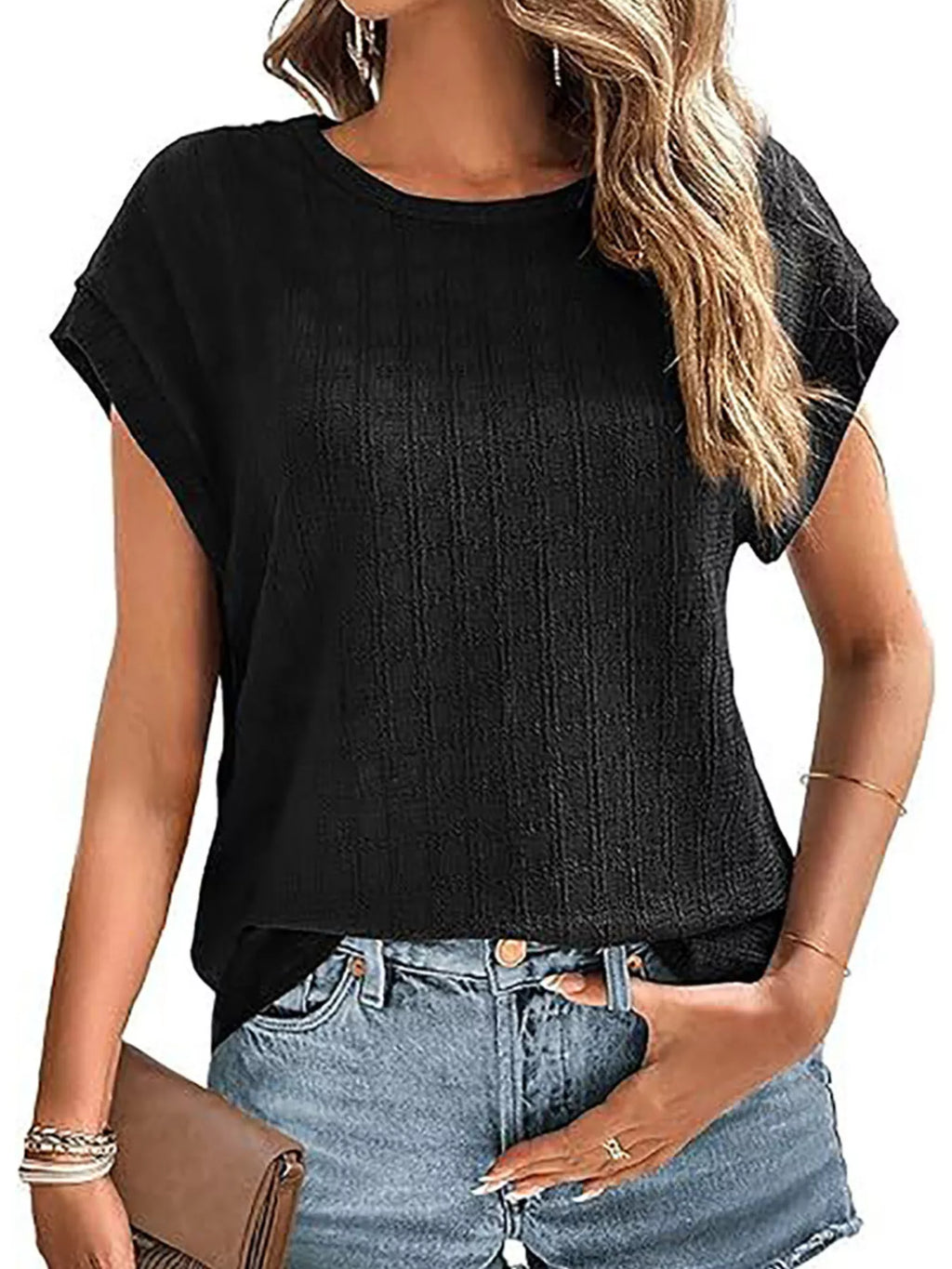 Textured Round Neck Short Sleeve Top