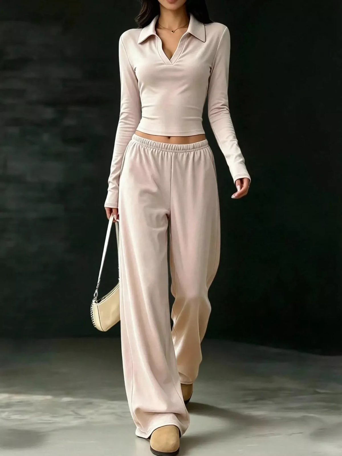 Long-Sleeve Polo Top and Wide-Leg Pants Set