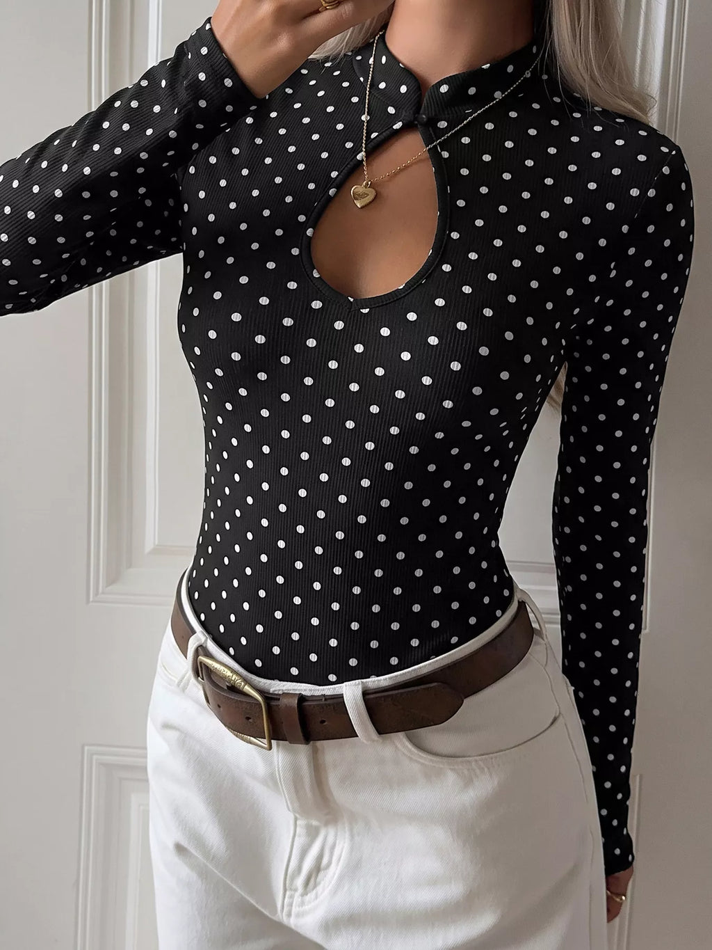 Polka Dot Cutout Long Sleeve Bodysuit