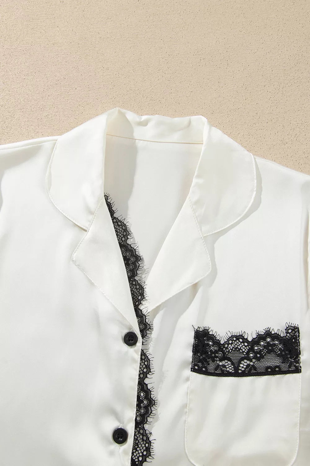 Long Sleeve Lace Trim Button Front Pajama Set