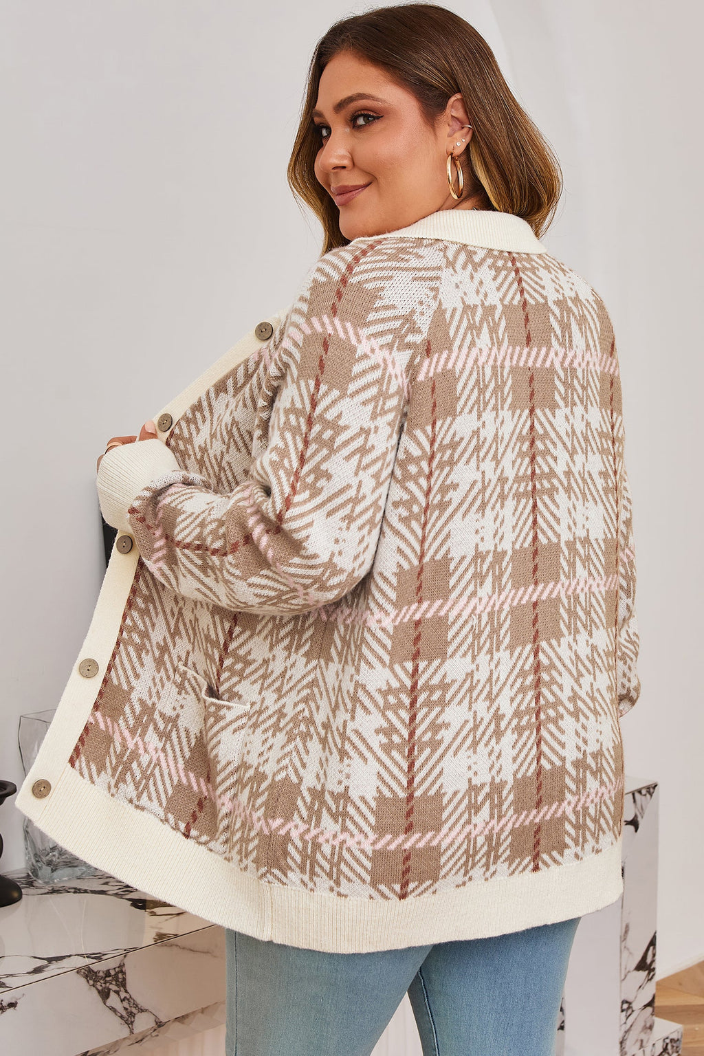 Plus Size Plaid Ribbed Trim Button Front Cardigan
