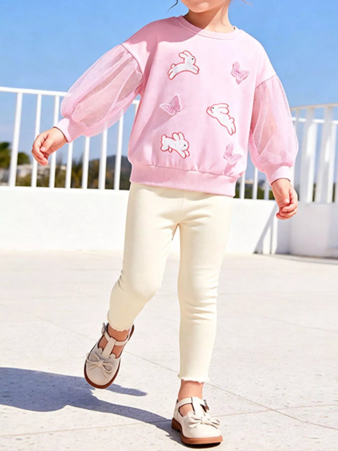 Children's Bunny and Butterfly Mesh Sleeve Sweatshirt and Leggings Set