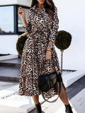 Leopard Print Button-Down Midi Dress with Belt