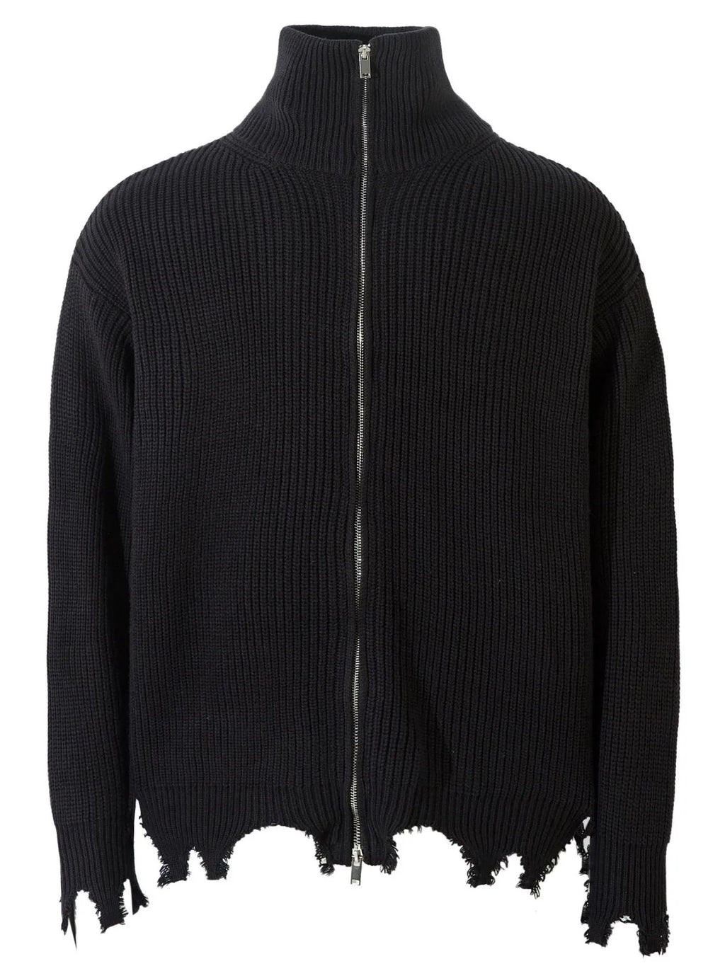 Men's Distressed Hem Ribbed Knit Zip-Up Cardigan